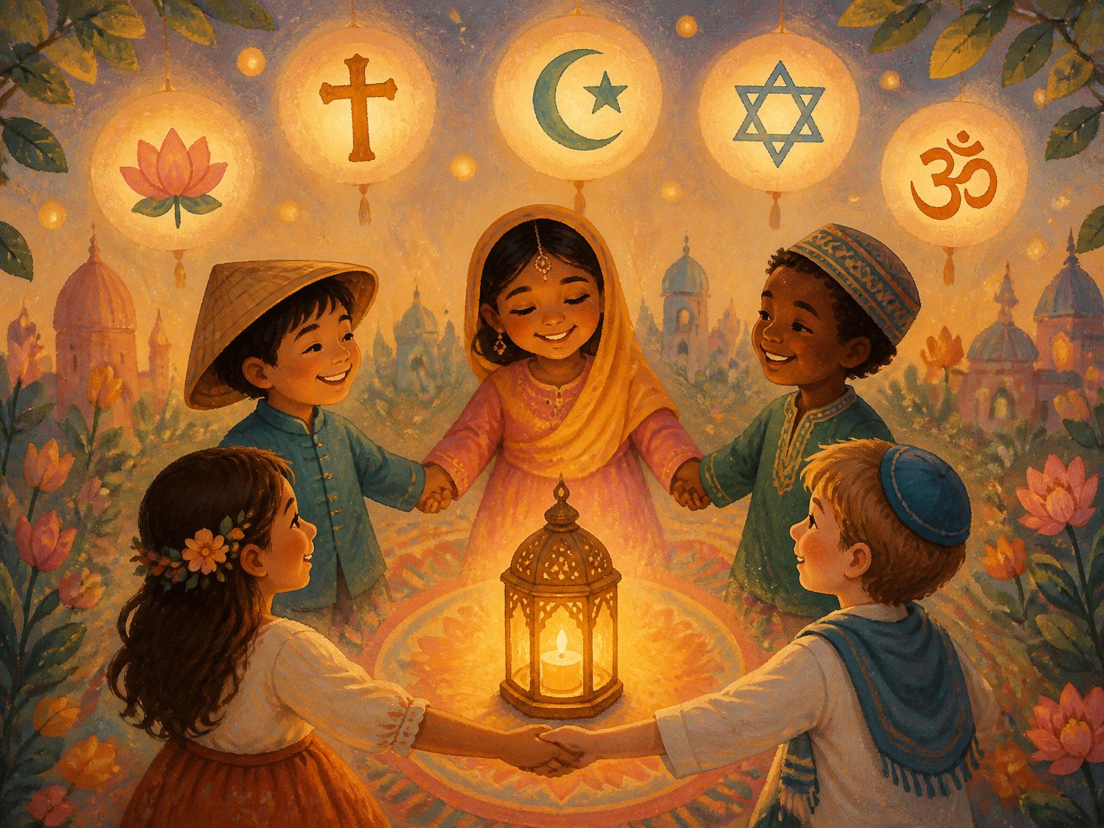 Five diverse children holding hands around a glowing lantern, surrounded by symbols of the world's religions