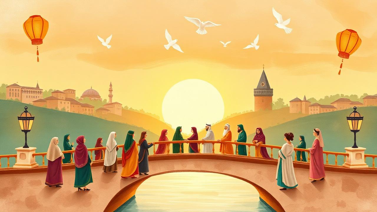 Diverse interfaith leaders gather on a historic bridge in Sarajevo at sunset, with paper lanterns and doves in the sky